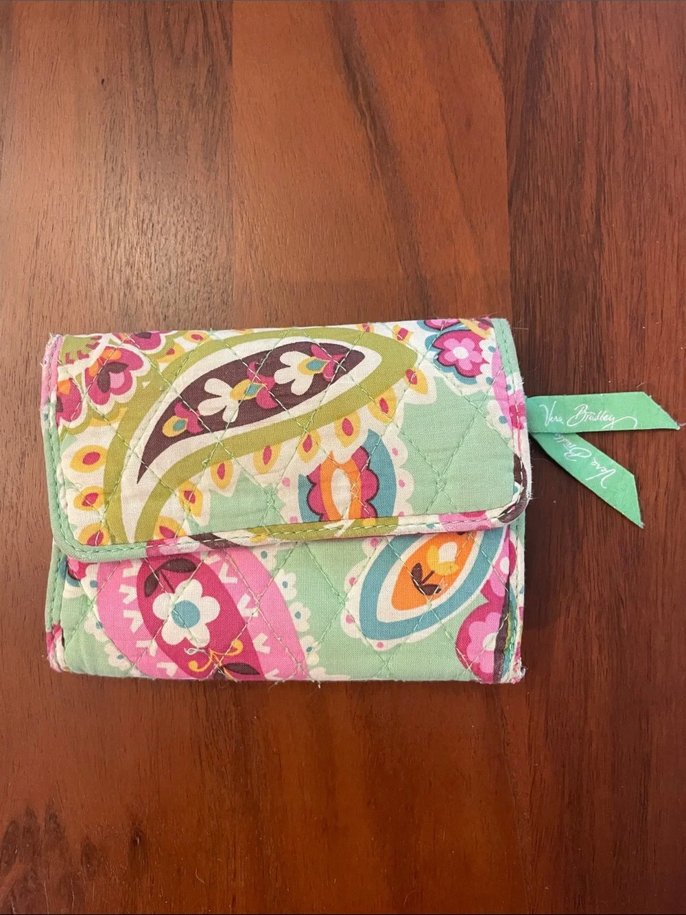 Vera Bradley Quilted Paisley Card Wallet in Mint, Pink & Yellow